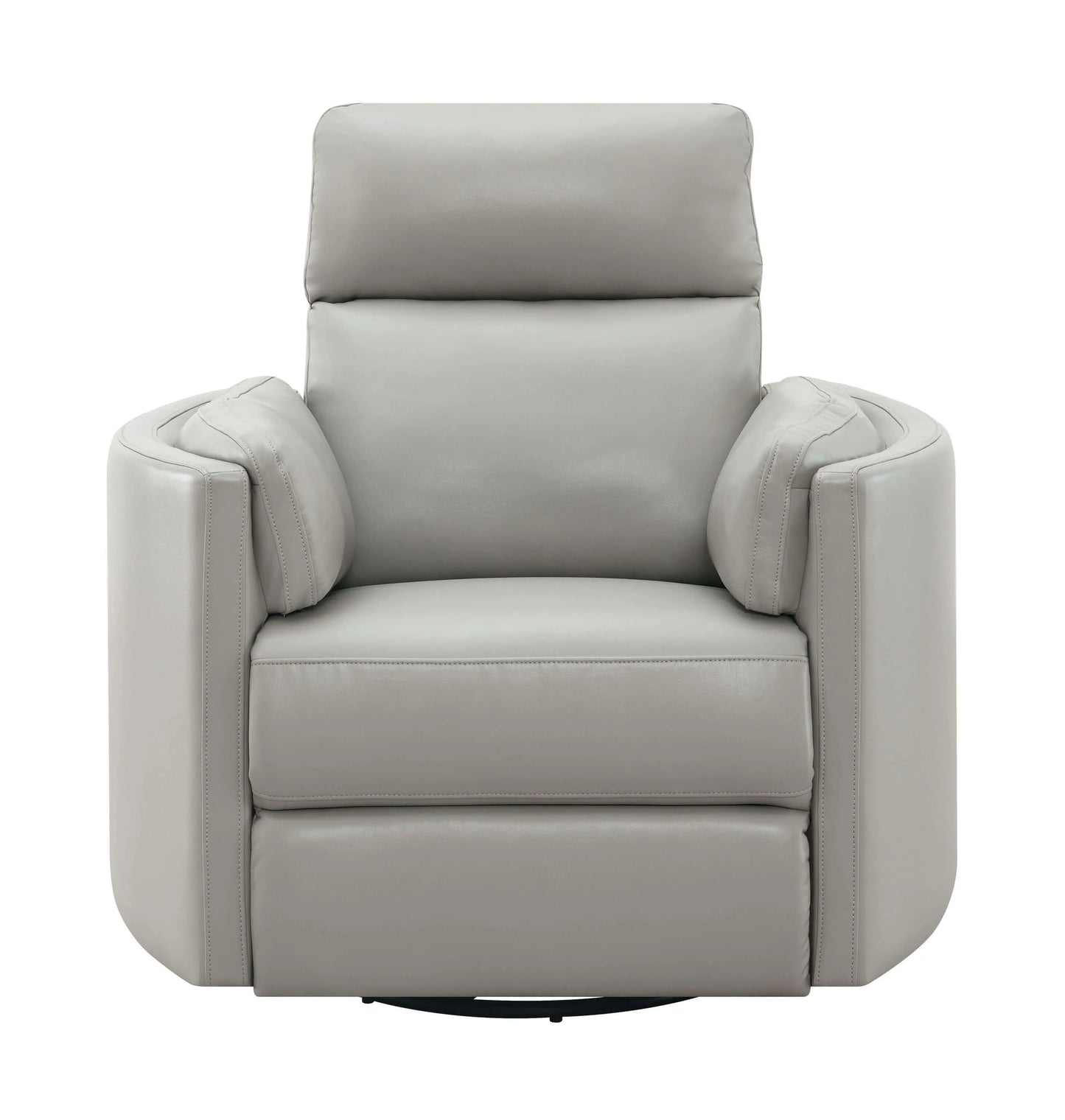 Sagen Gray Faux Leather Glider Recliner chair with Swive and plush cushions on a white background.