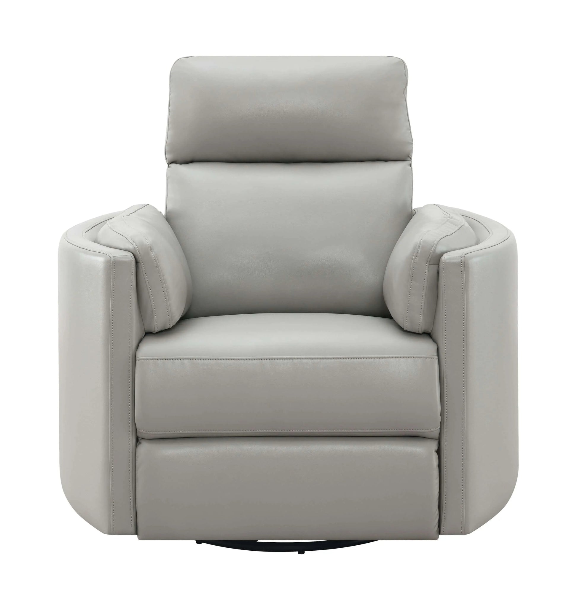 Sagen Gray Faux Leather Glider Recliner chair with Swive and plush cushions on a white background.
