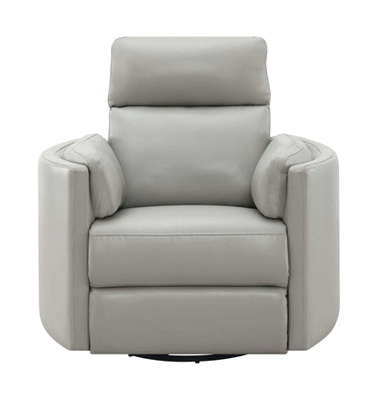 Sagen Gray Faux Leather Glider Recliner chair with Swive and plush cushions on a white background.