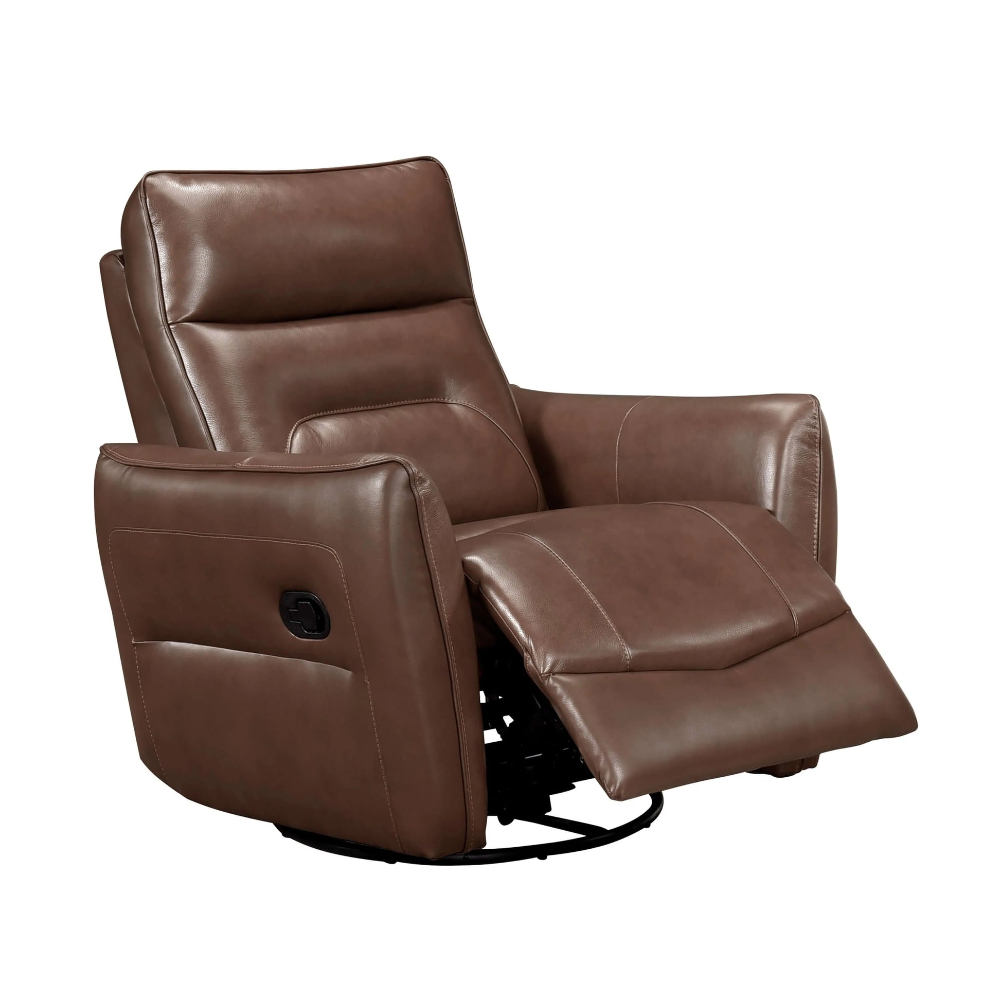 Side view of a brown leather recliner chair with footrest extended on a white background