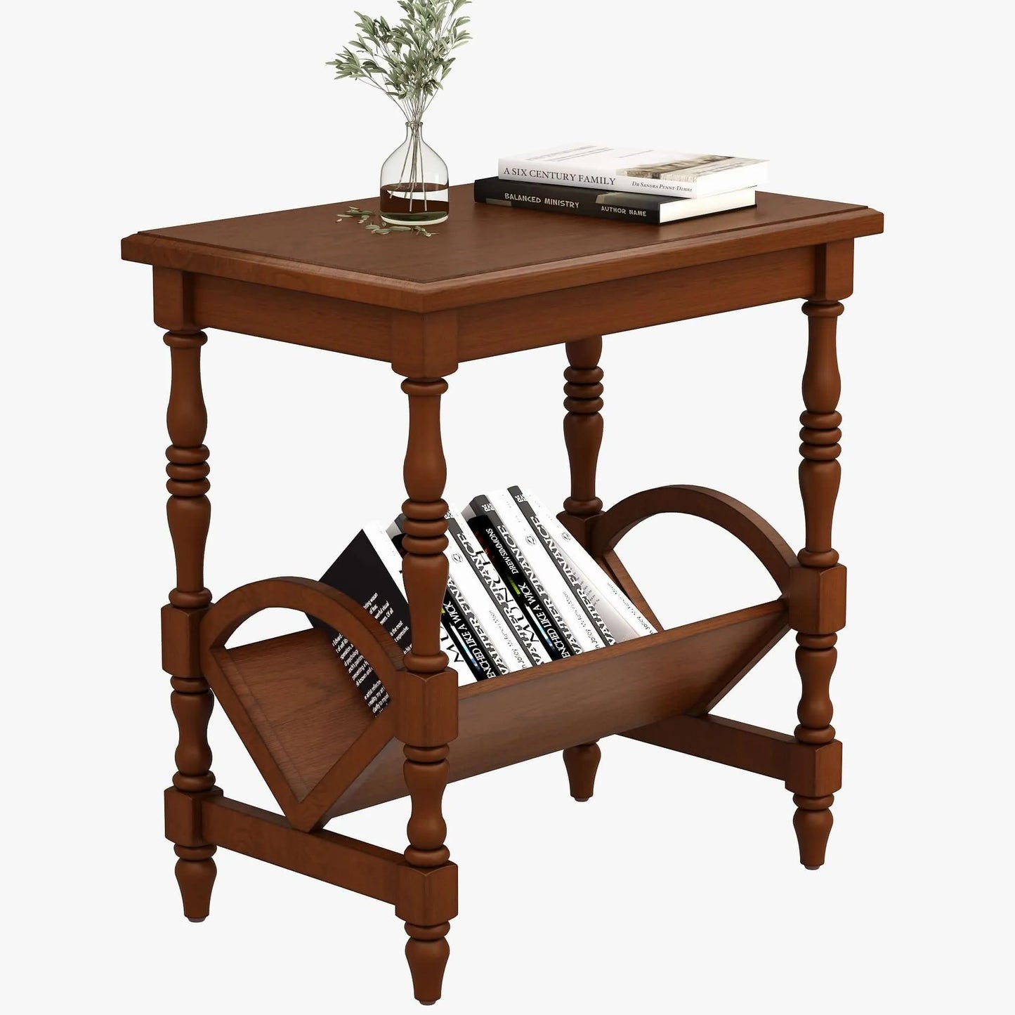 Cherry wood end table with magazine holder with books on a white background