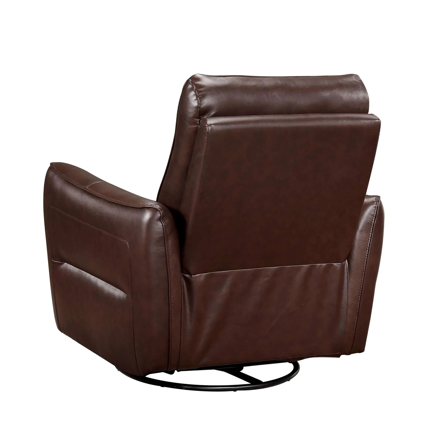 Back view of a brown leather recliner chair on a white background