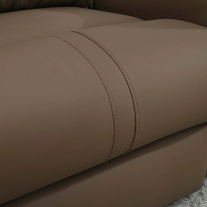 Close-up of a brown leather recliner chair with visible stitching.