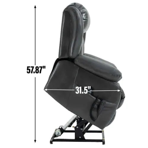 Side view of a gray massage lift chair with dimensions labeled on a white background