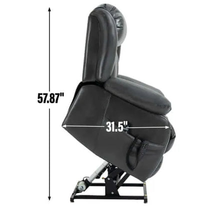 Side view of a gray massage lift chair with dimensions labeled on a white background