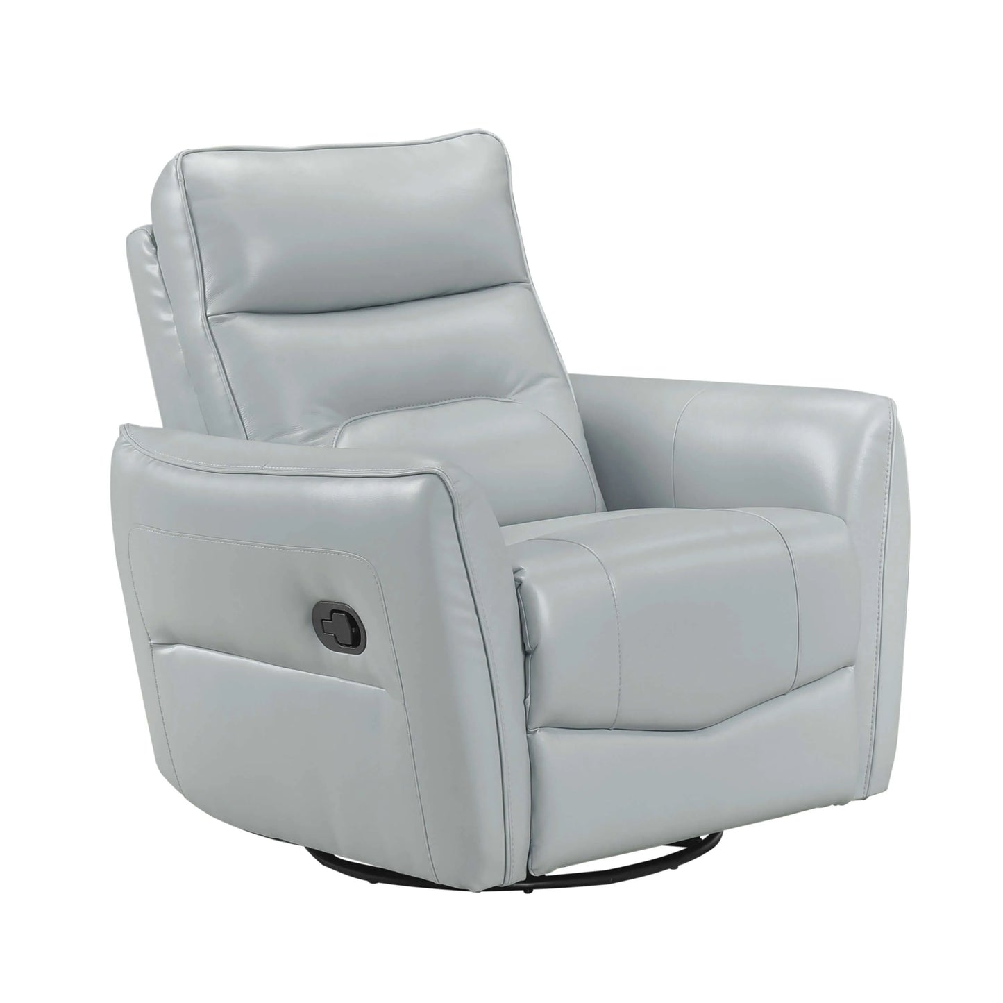Light blue leather recliner chair with manual pull handle and black metal swivel base on a white background