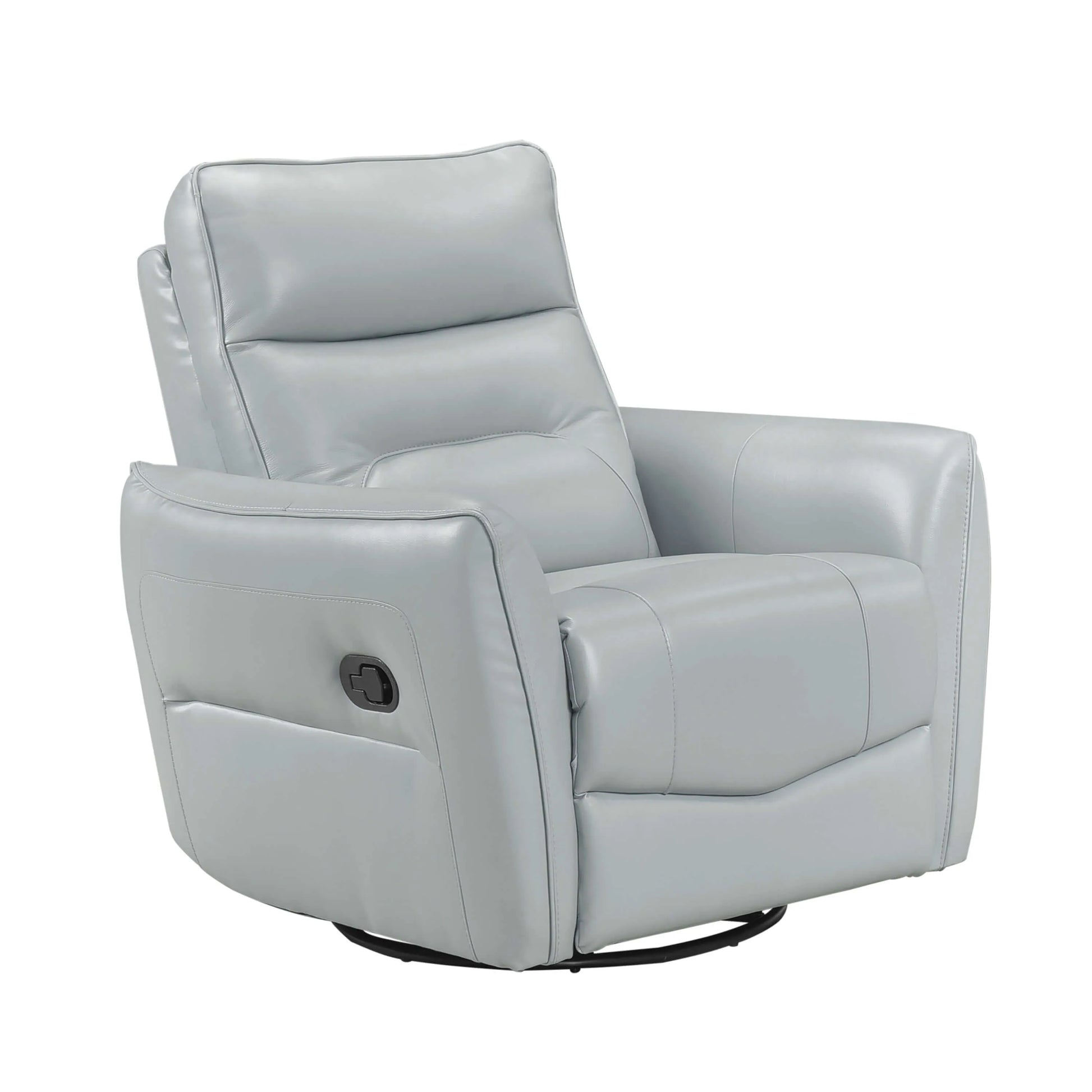 Light blue leather recliner chair with manual pull handle and black metal swivel base on a white background
