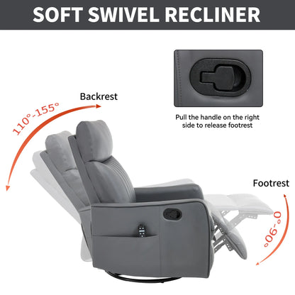 Gray soft swivel recliner chair with labeled parts and instructions on a white background