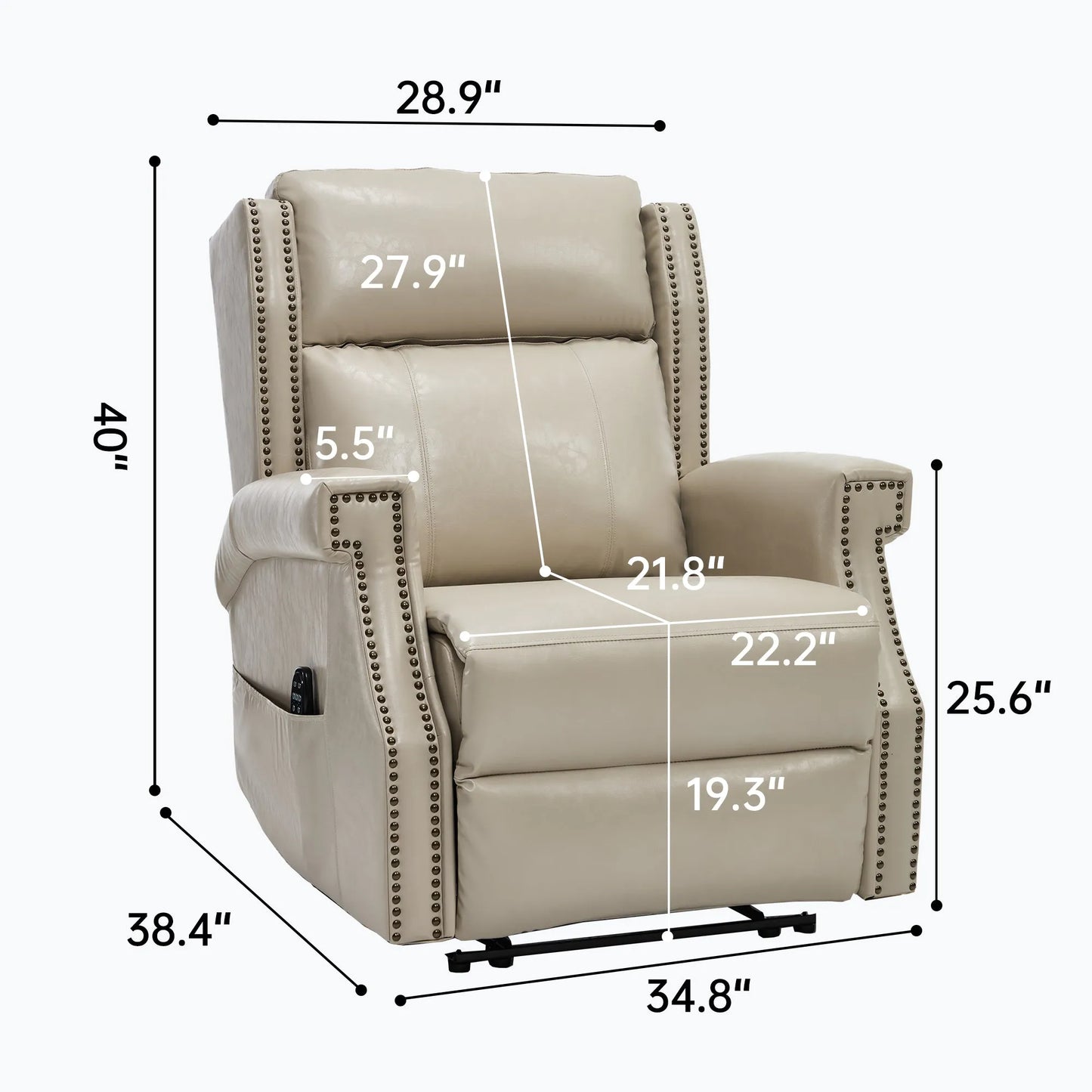 Beige recliner chair with dimensions labeled on a white background