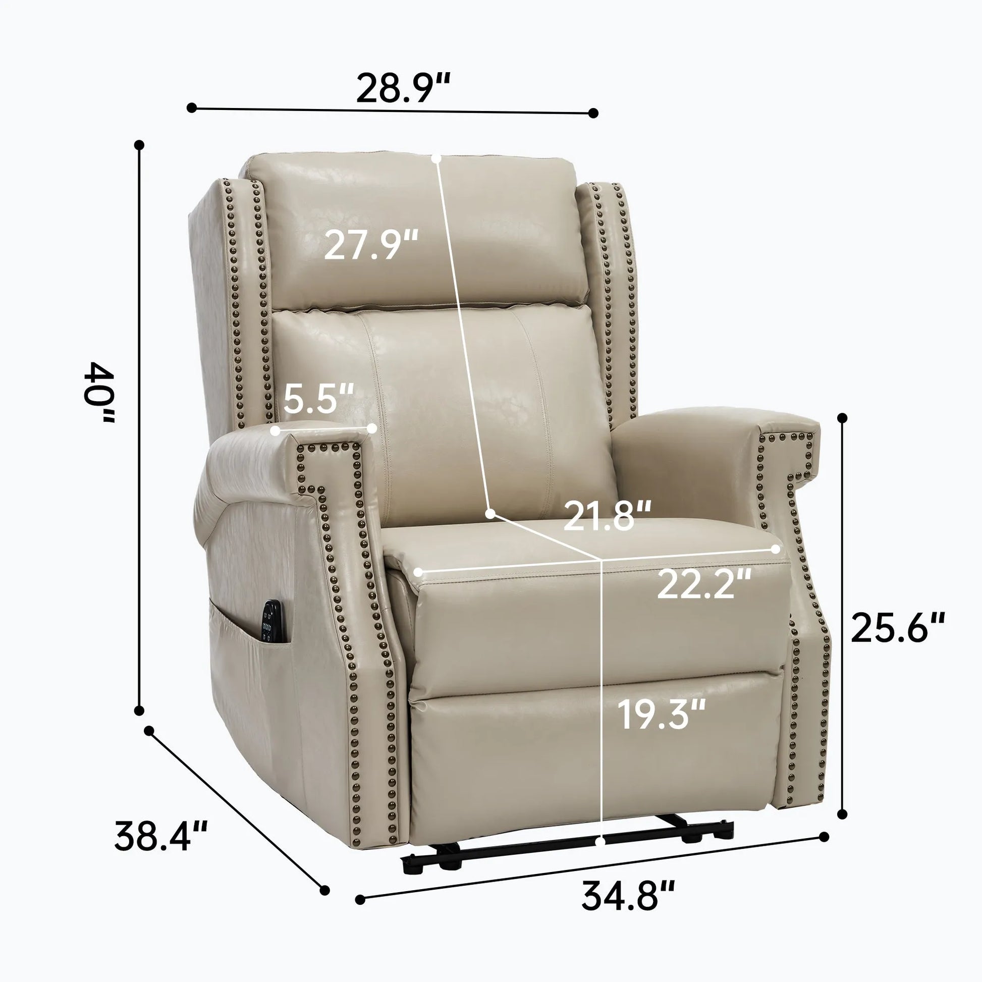 Beige recliner chair with dimensions labeled on a white background