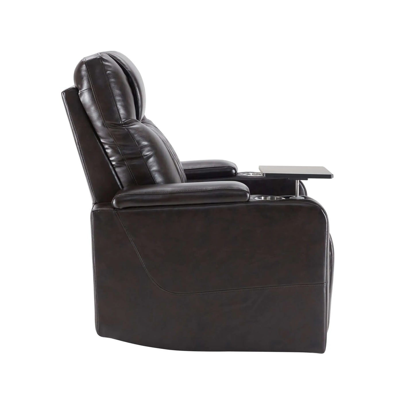 Right side view of a black faux leather power motion recliner chair in upright position on a white background