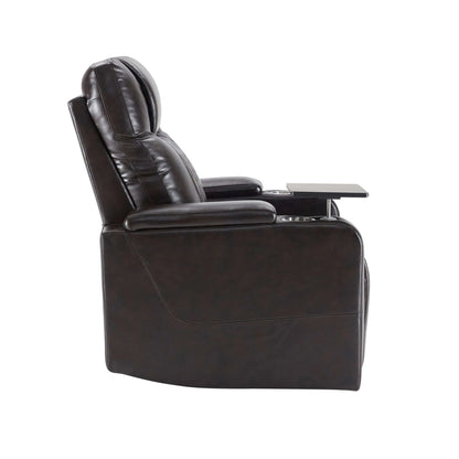 Right side view of a black faux leather power motion recliner chair in upright position on a white background
