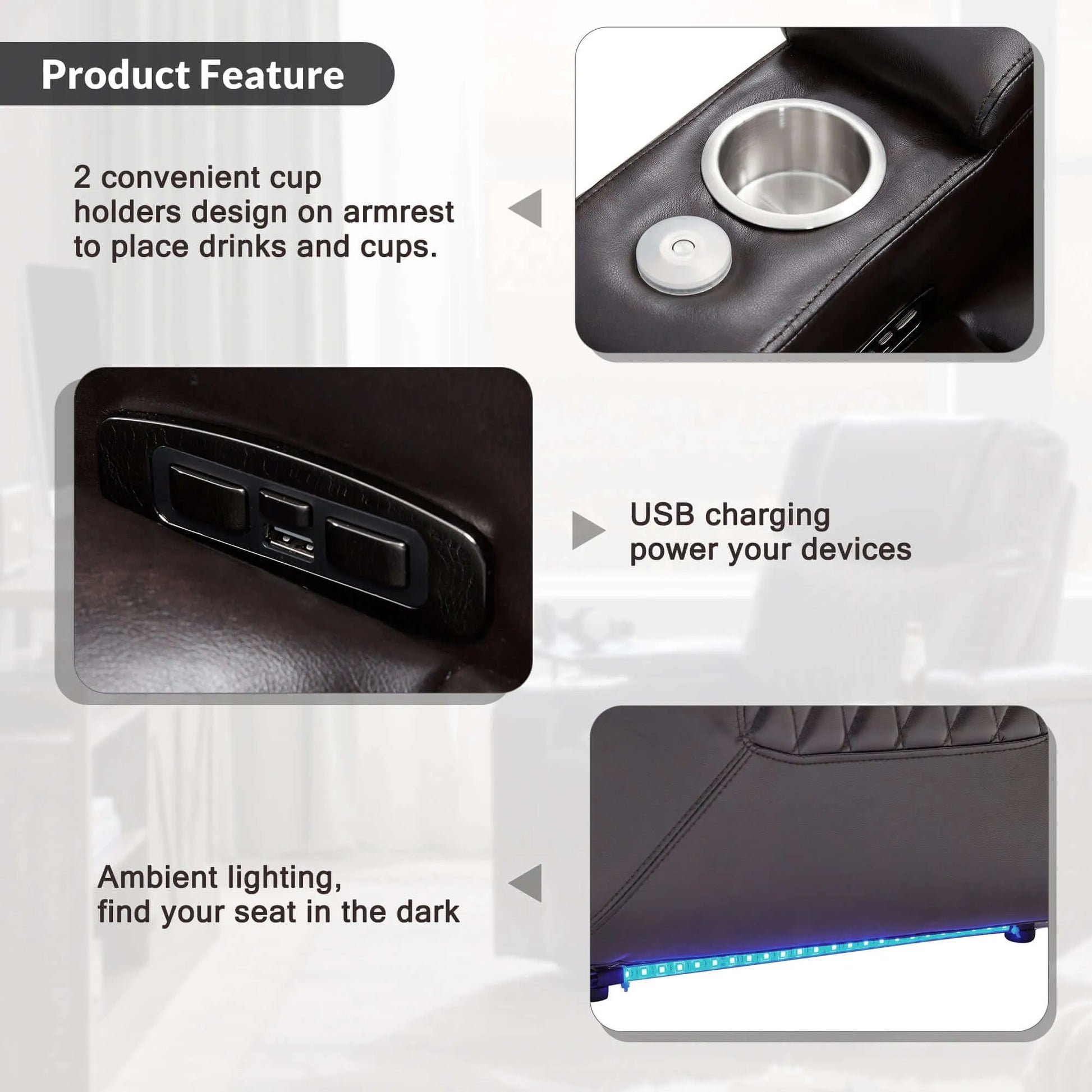 Black faux leather power motion recliner armrest with cup holders and USB charging port, featuring ambient lighting, on a gray background