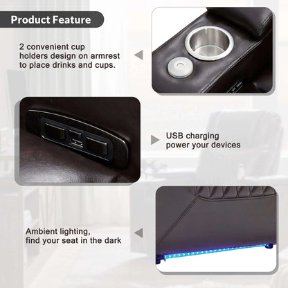 Black faux leather power motion recliner armrest with cup holders and USB charging port, featuring ambient lighting, on a gray background