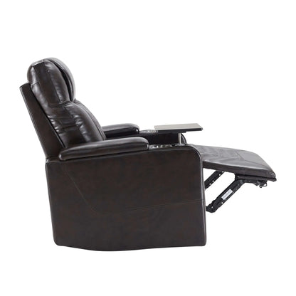 Right side view of a black faux leather power motion recliner chair in a reclining position on a white background