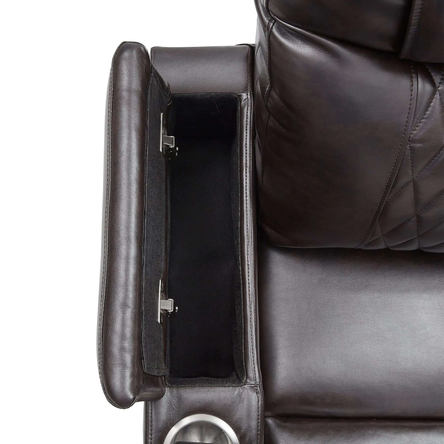 Black faux leather power motion recliner with armrest storage open on a white background