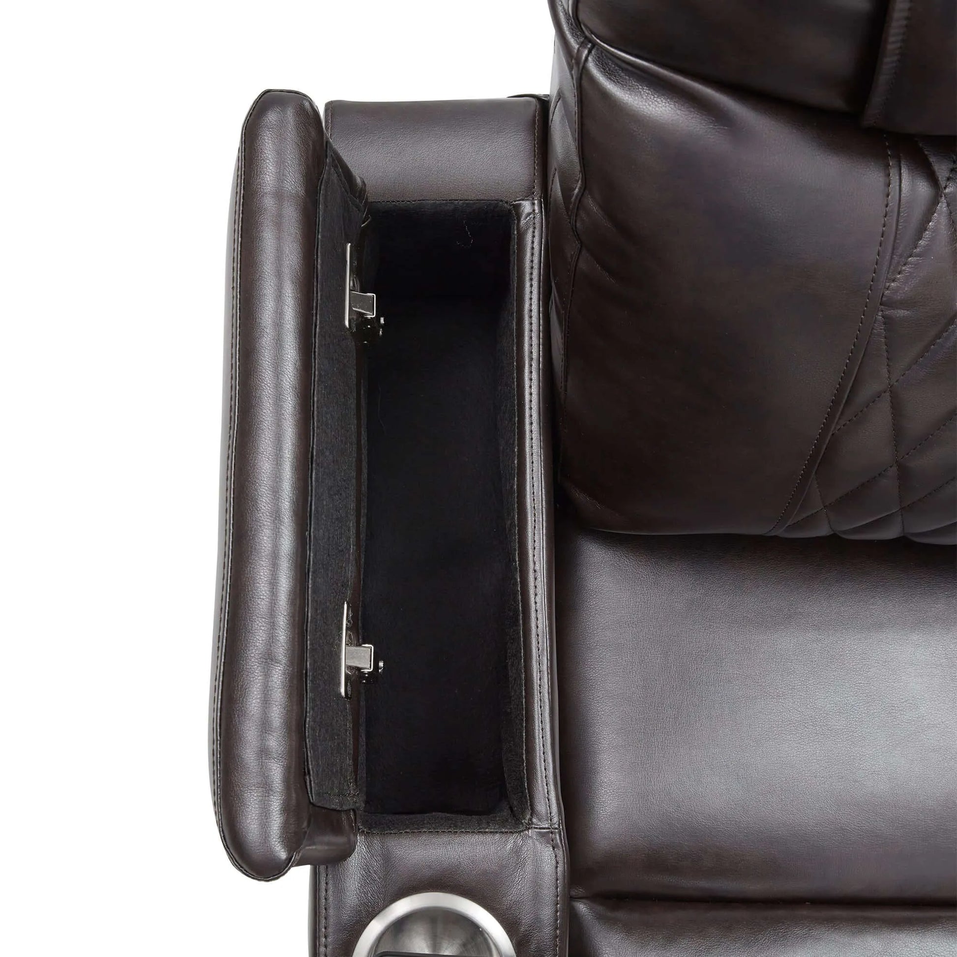 Black faux leather power motion recliner with armrest storage open on a white background
