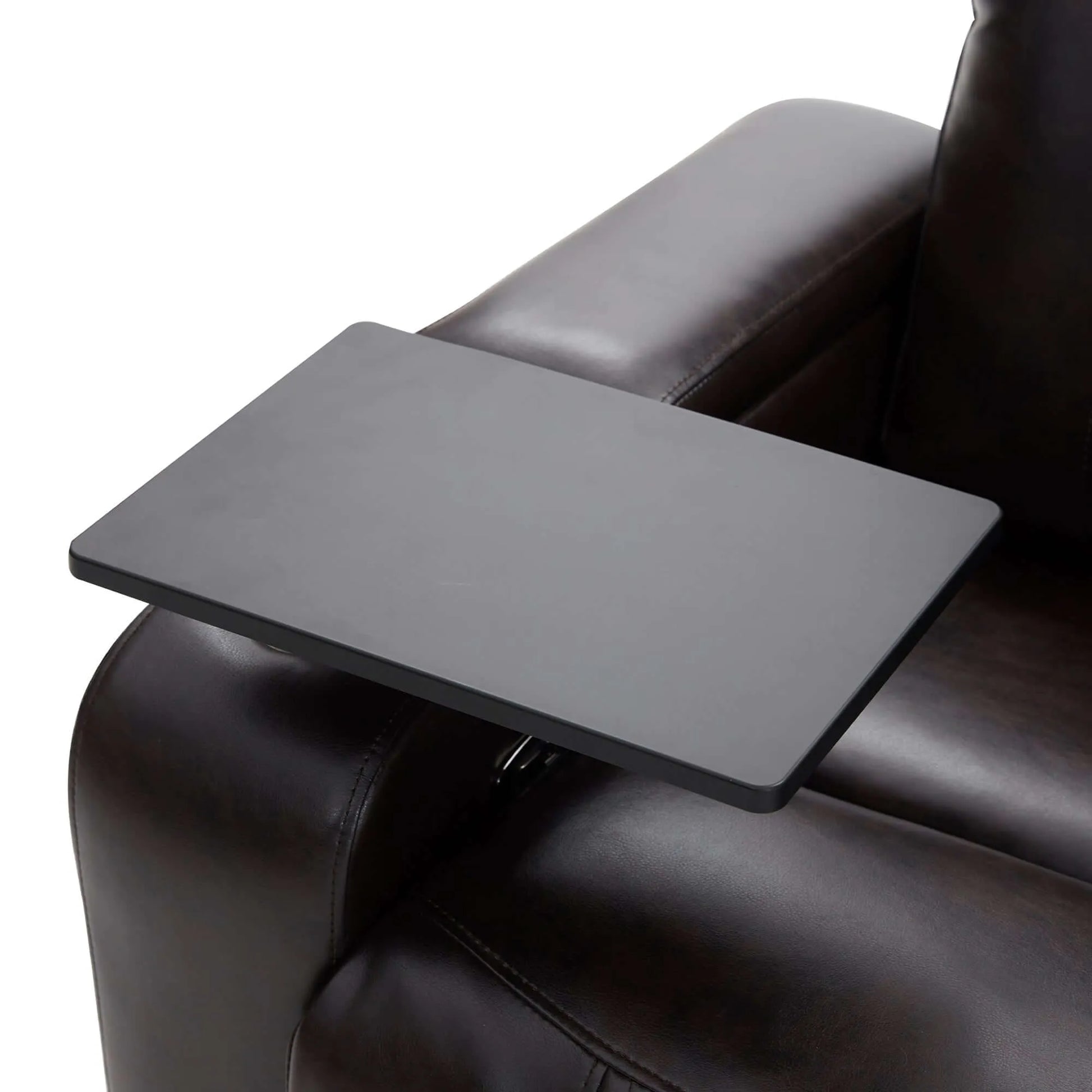 Black tray attached to a black faux leather power motion recliner chair