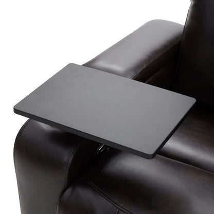 Black tray attached to a black faux leather power motion recliner chair