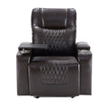 Front view of black faux leather power motion recliner chair with cup holders and 360 swivel tray on a white background