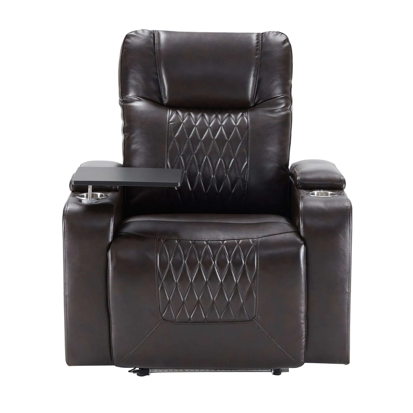 Front view of black faux leather power motion recliner chair with cup holders and 360 swivel tray on a white background