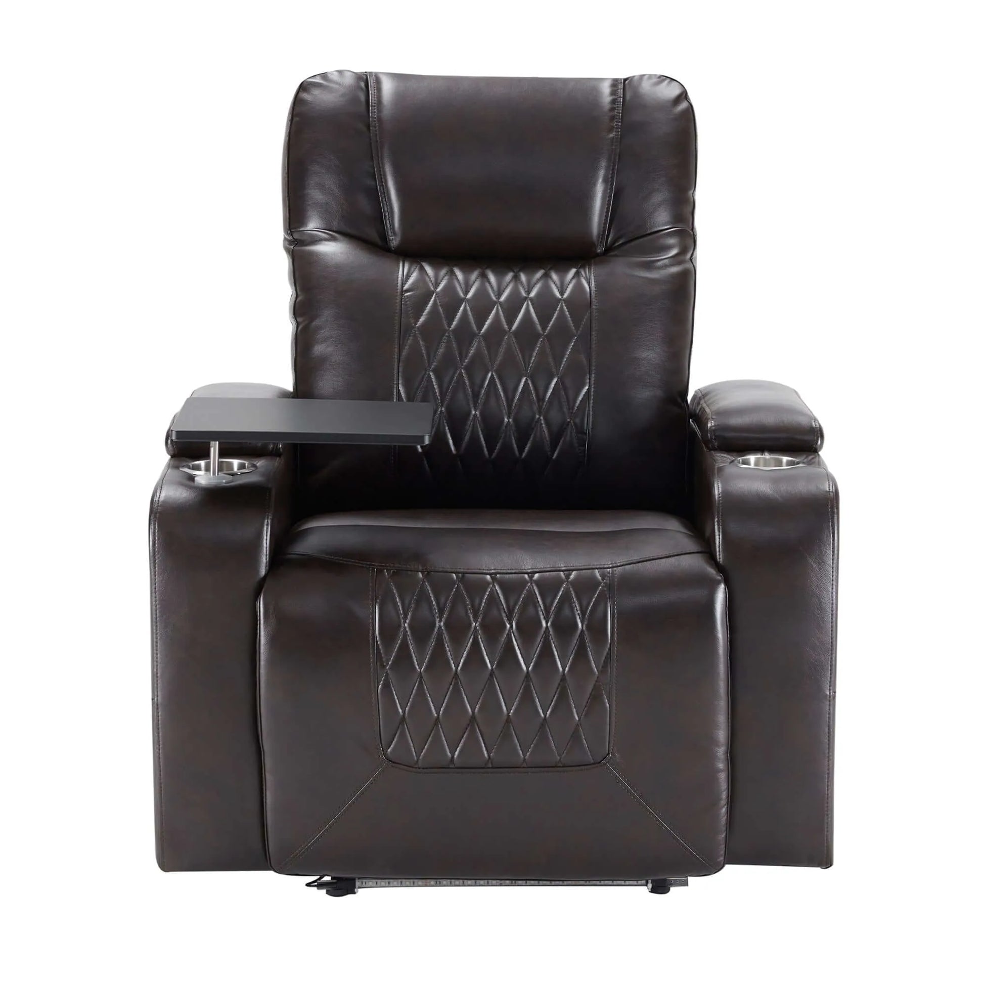 Front view of black faux leather power motion recliner chair with cup holders and 360 swivel tray on a white background