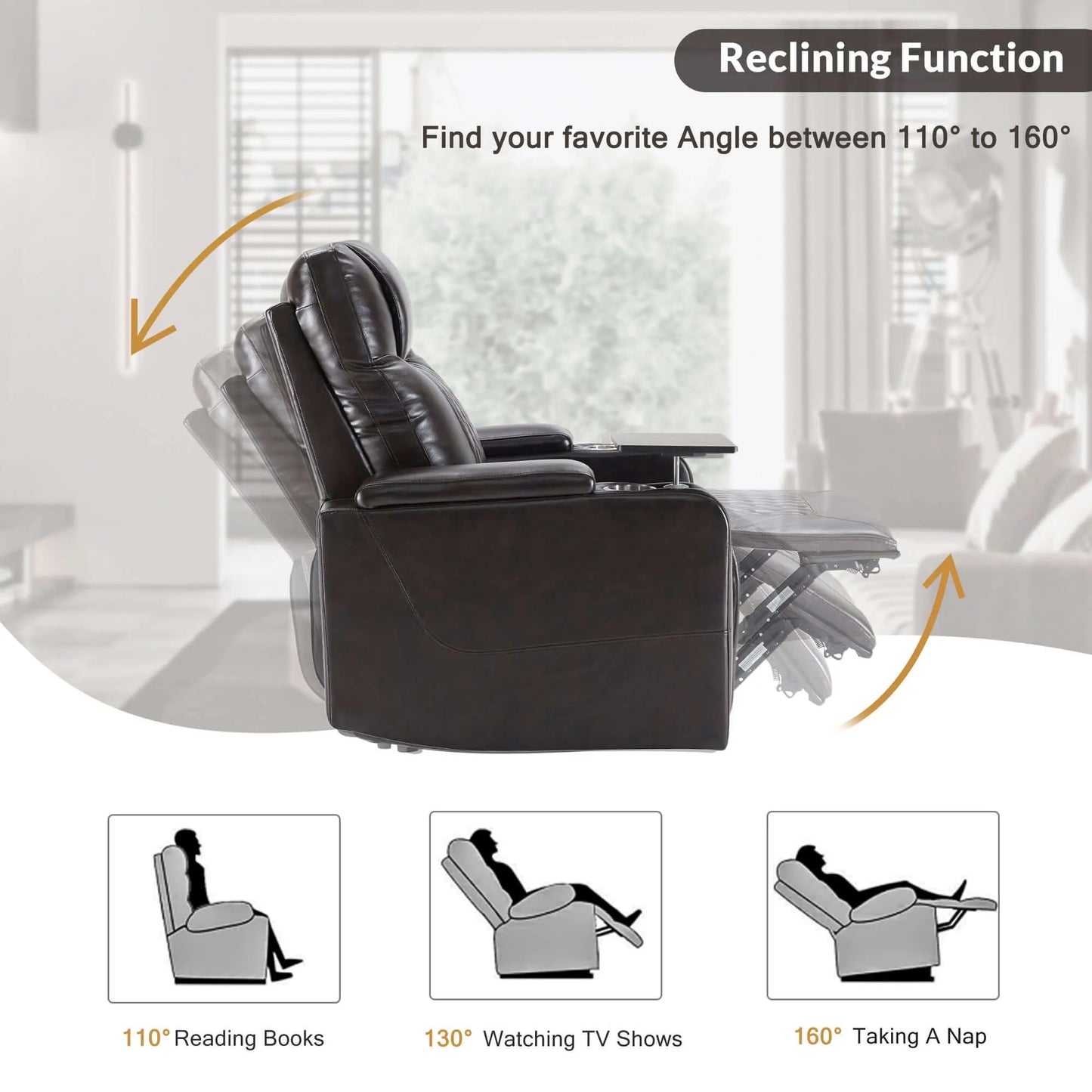 Black faux leather power motion recliner chair with reclining function illustration and angles shown.
