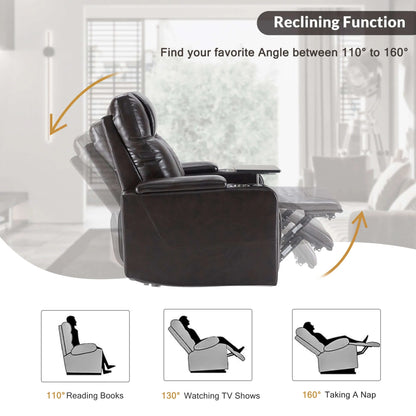 Black faux leather power motion recliner chair with reclining function illustration and angles shown.