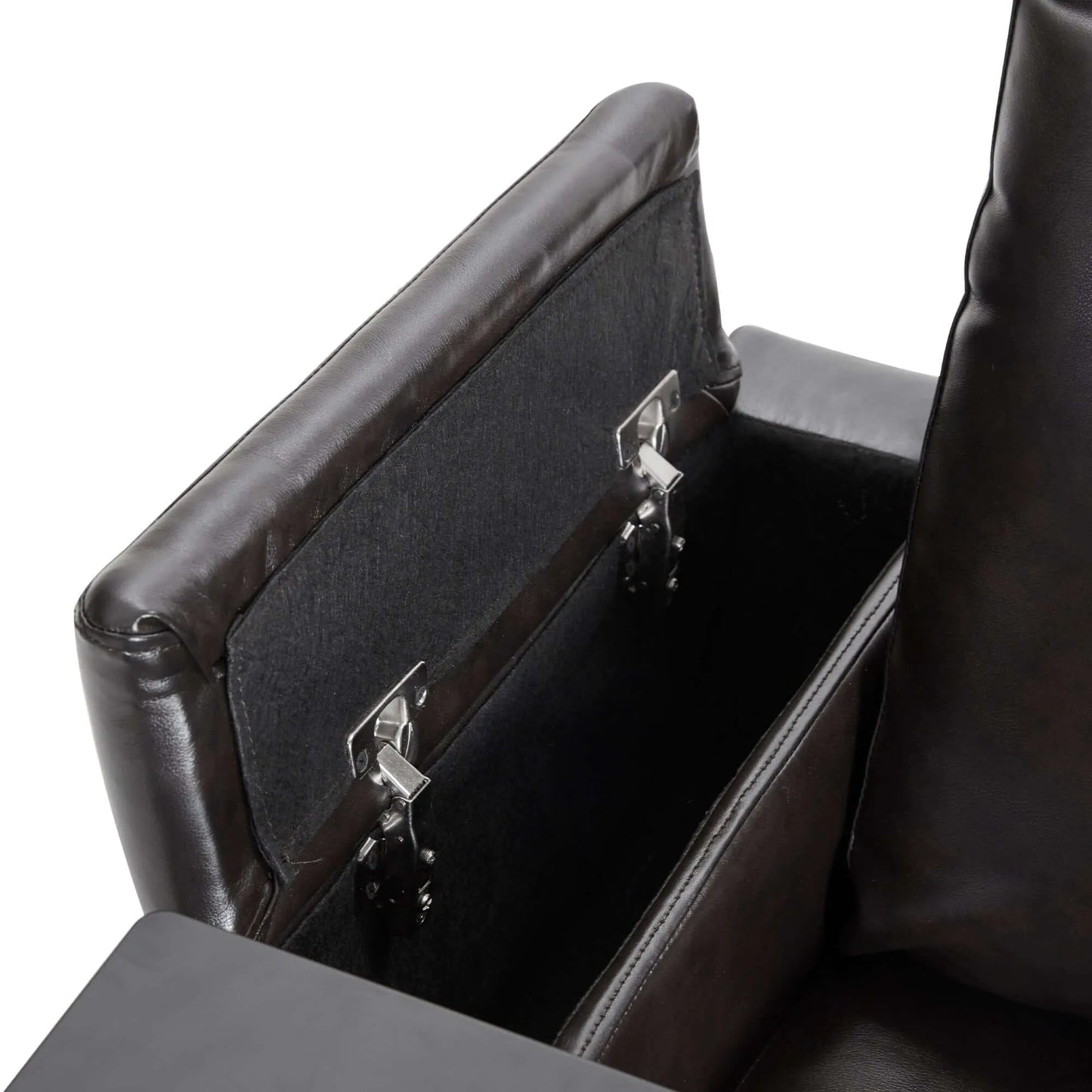 Close-up of a black faux leather power motion reclining chair armrest storage with drawer open on a white background