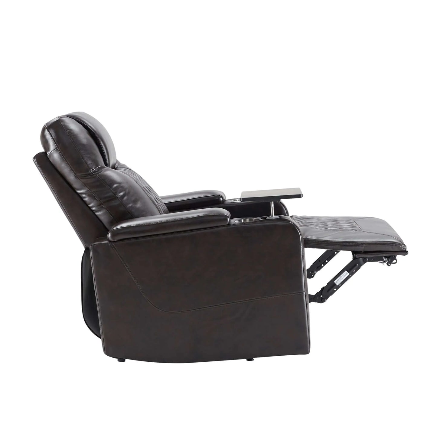 Side view of a black faux leather power motion recliner chair with armrest and cup holder and footrest extended on a white background