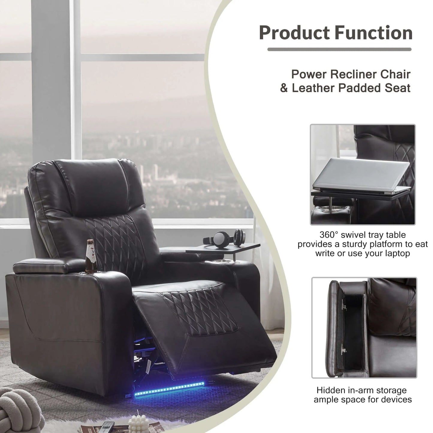 Black faux leather power motion recliner chair with features highlighted on a modern living room background
