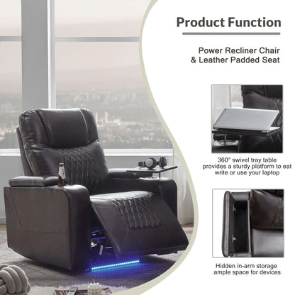 Black faux leather power motion recliner chair with features highlighted on a modern living room background