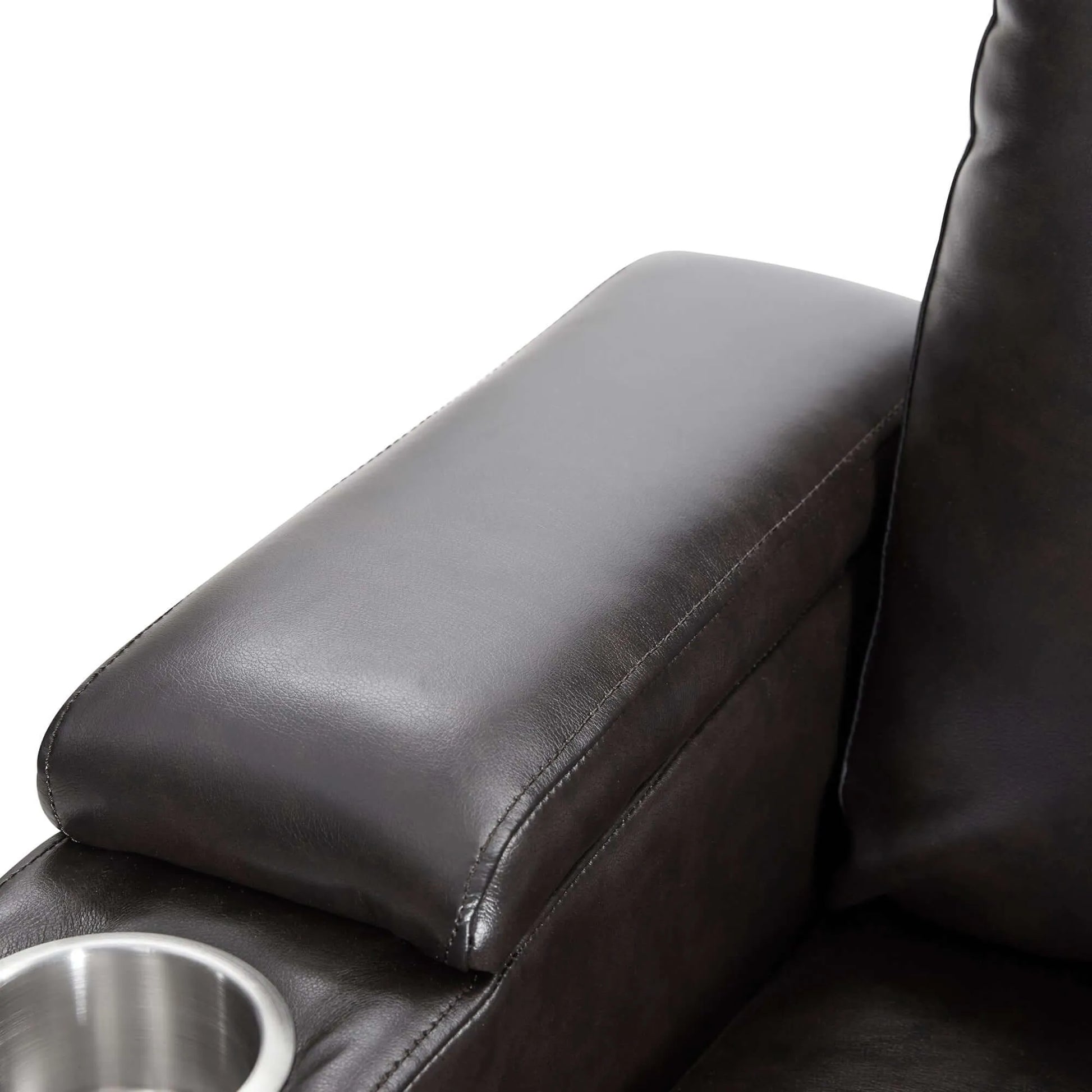 Black faux leather power motion chair cushioned armrest on a white background