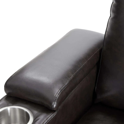 Black faux leather power motion chair cushioned armrest on a white background