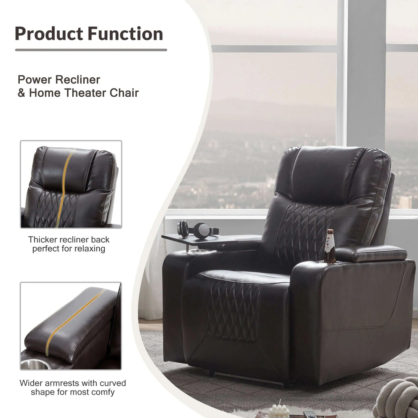 Black faux leather power motion recliner chair featuring product function  and home theater features in a modern room.