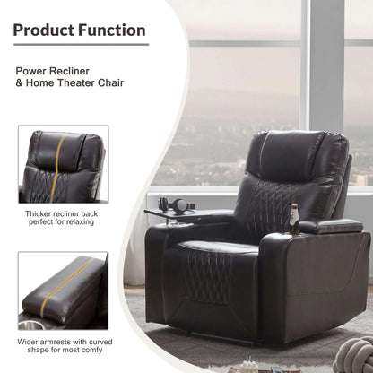 Black faux leather power motion recliner chair featuring product function  and home theater features in a modern room.
