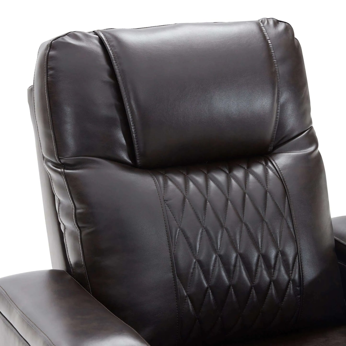 Close-up of a black faux leather power motion recliner chair top cushion with diamond pattern on a white background