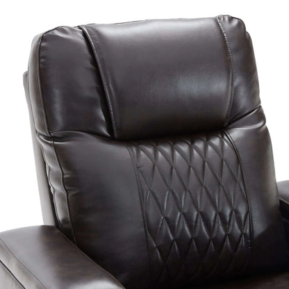 Close-up of a black faux leather power motion recliner chair top cushion with diamond pattern on a white background