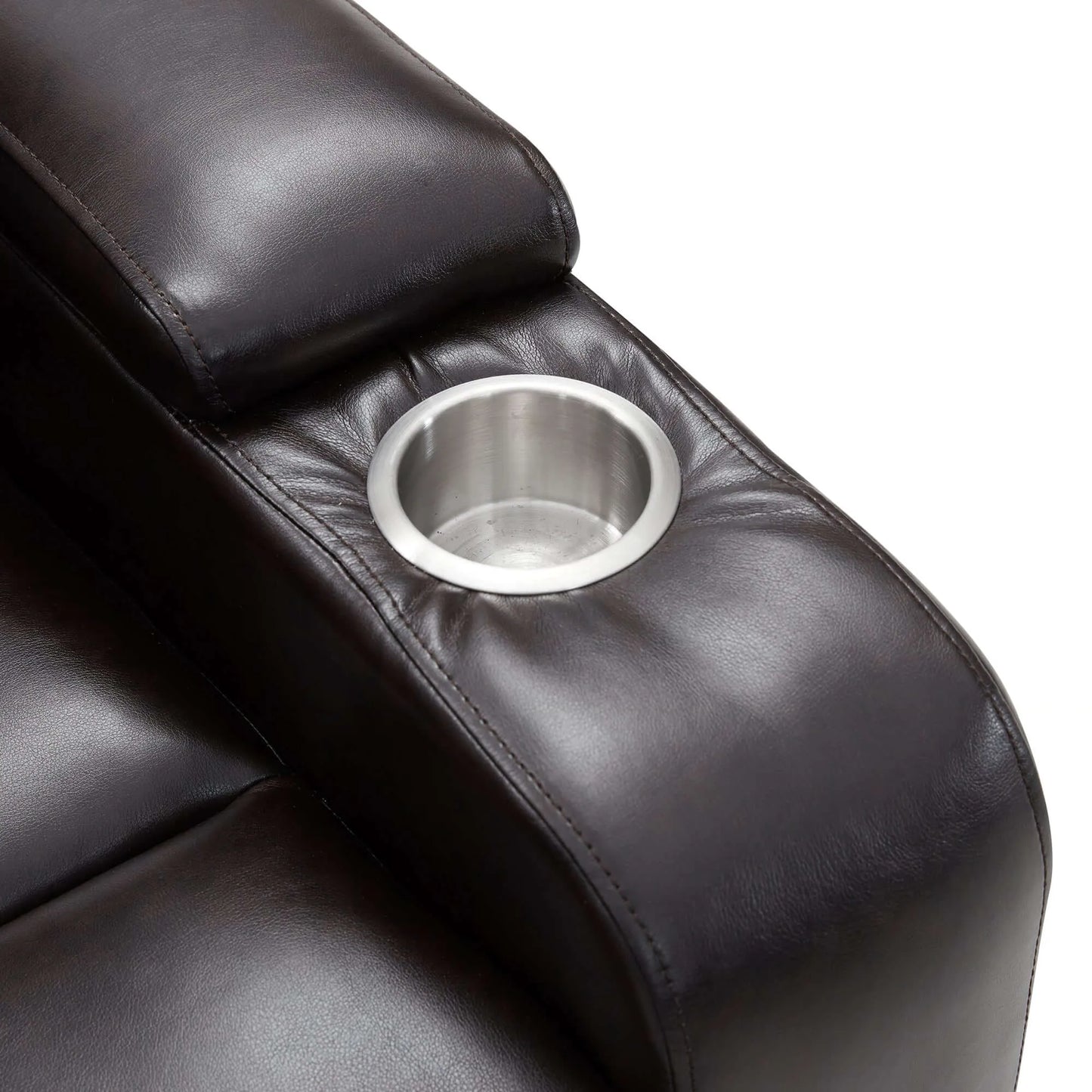 Black faux leather power motion recliner with a stainless steel cup holder on a white background