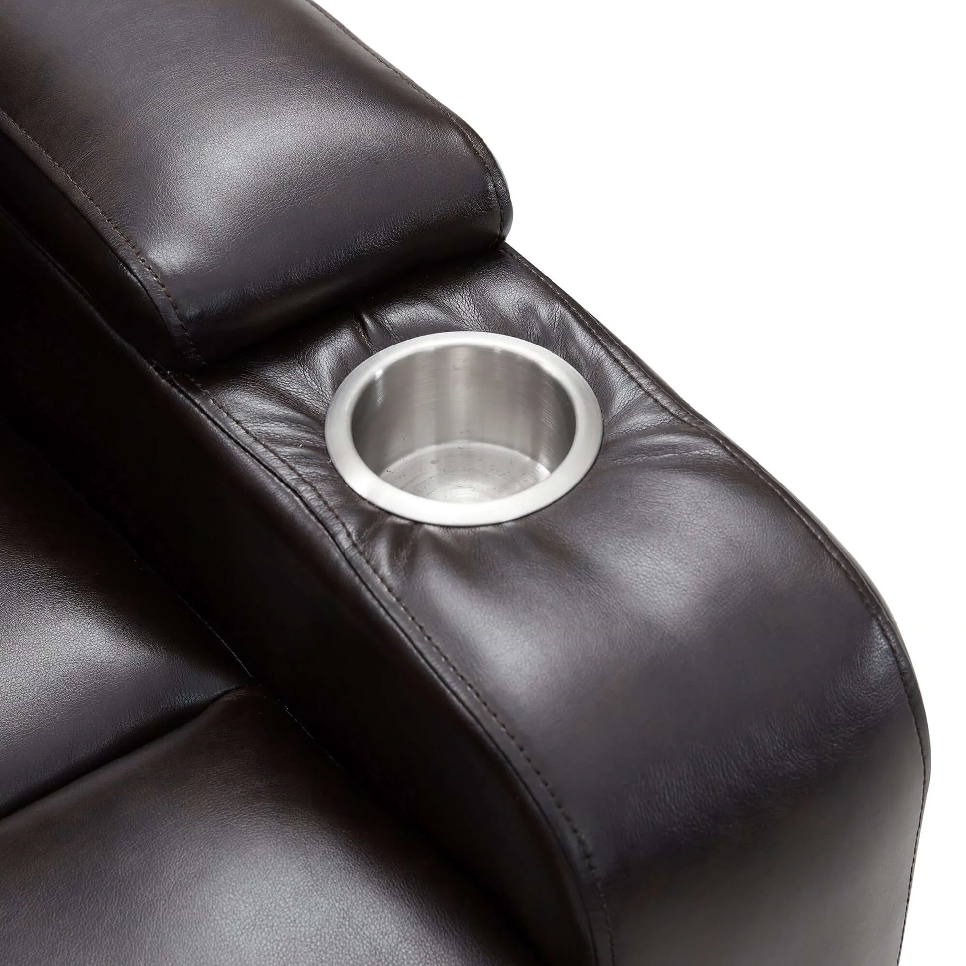 Black faux leather power motion recliner with a stainless steel cup holder on a white background