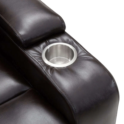 Black faux leather power motion recliner with a stainless steel cup holder on a white background