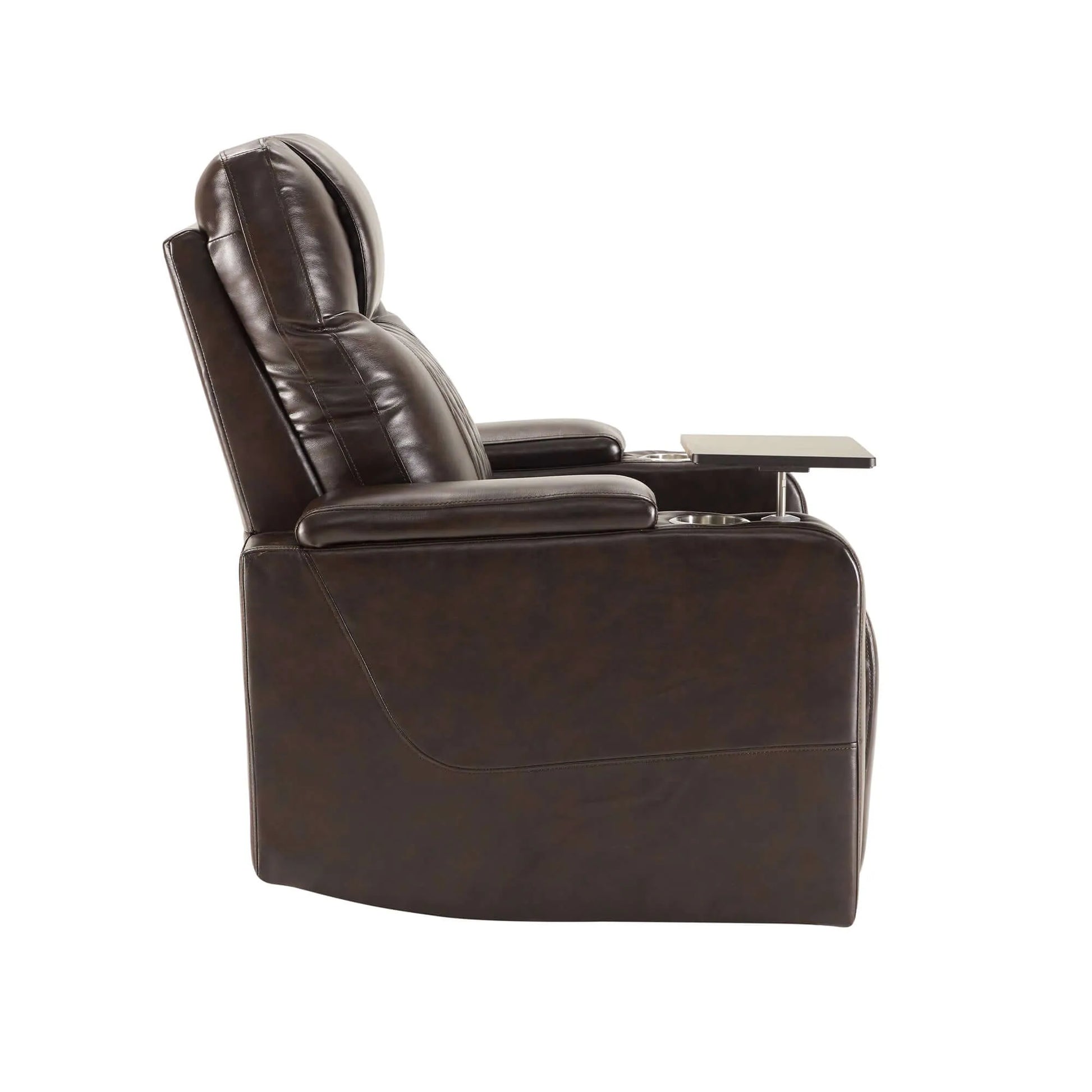 Right side view of a brown faux leather power motion recliner chair with cup holder and tray on a white background