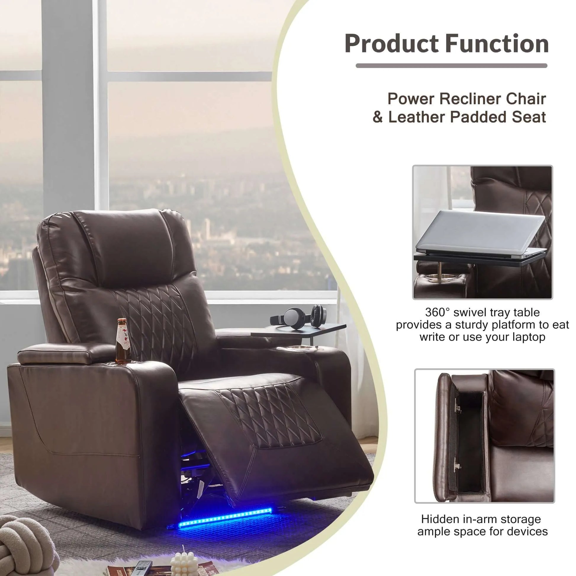 Brown faux leather power motion recliner chair with features highlighted on a blurred background