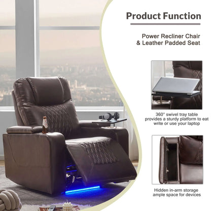 Brown faux leather power motion recliner chair with features highlighted on a blurred background