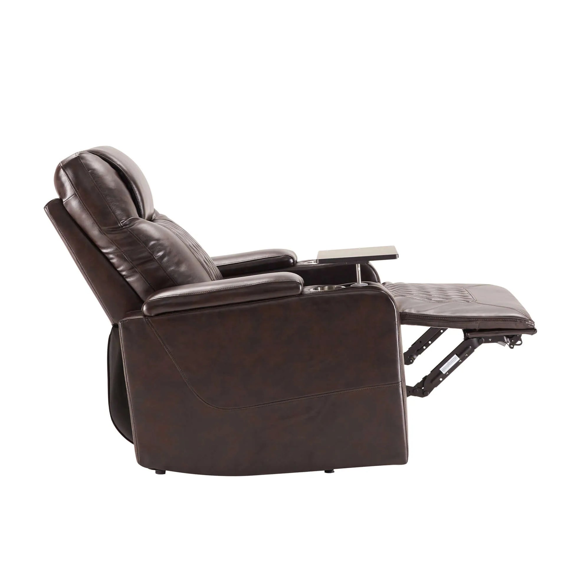 Side view of a brown faux leather power motion recliner chair with cup holder and tray with footrest in full up position on a white background
