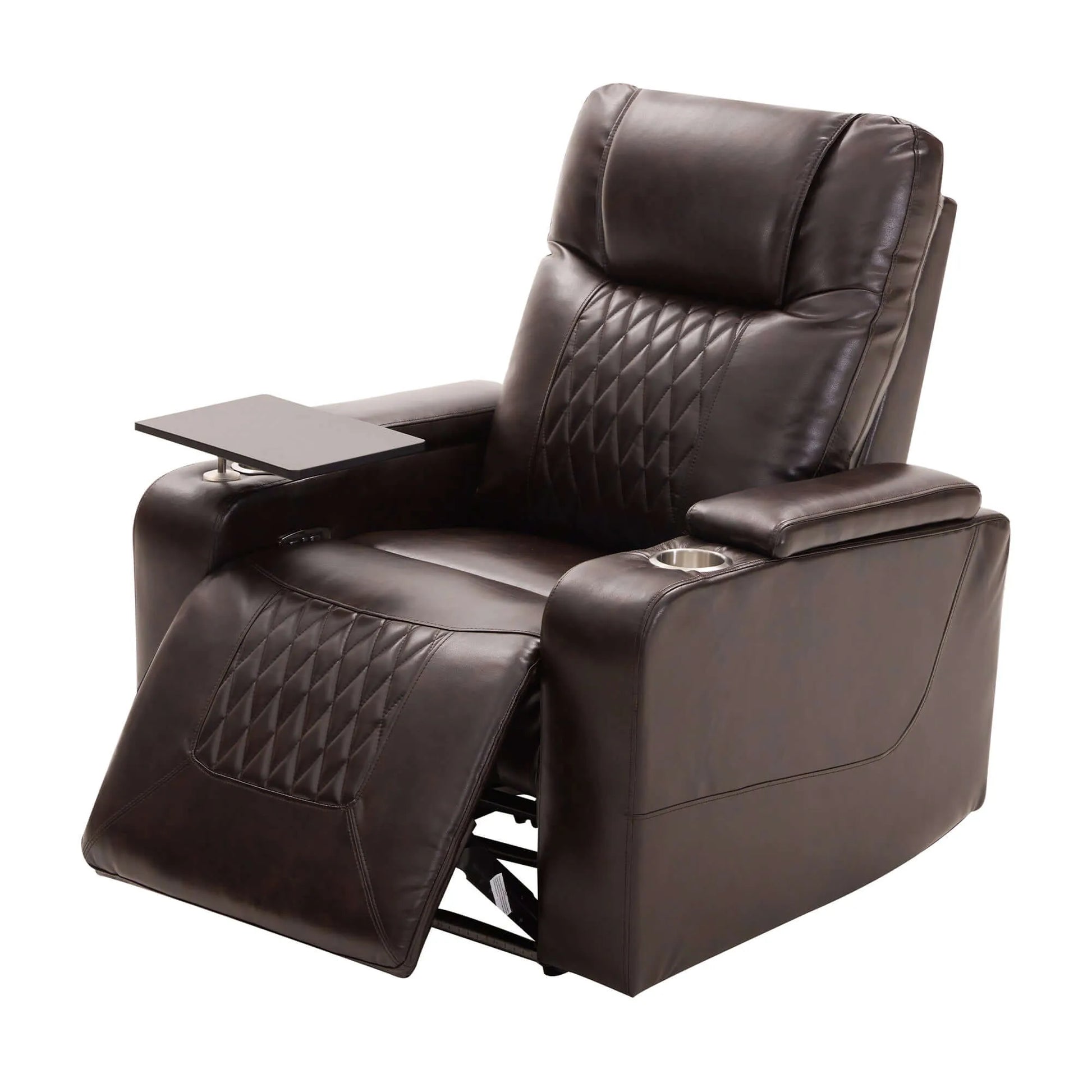 Front angled view of a brown faux leather power motion recliner chair with cup holder and tray table in a partially reclined position on a white background