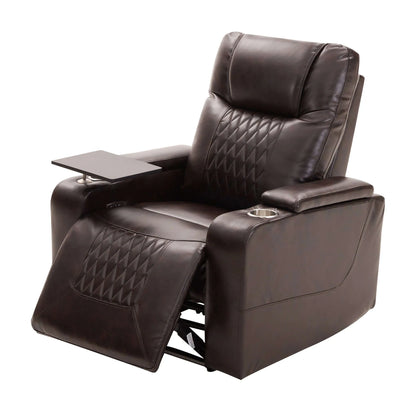 Front angled view of a brown faux leather power motion recliner chair with cup holder and tray table in a partially reclined position on a white background