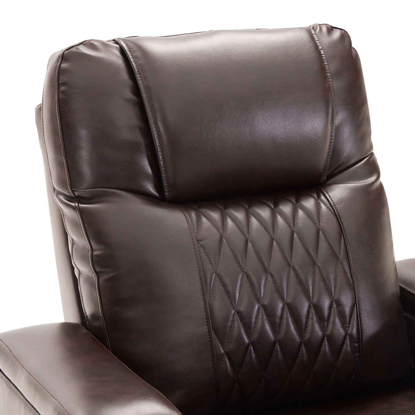 Close up of a brown faux leather power motion recliner chair top cushion with diamond pattern on a white background