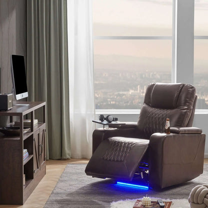 Modern living room with a brown faux leather power motion recliner chair, TV stand, and city view.