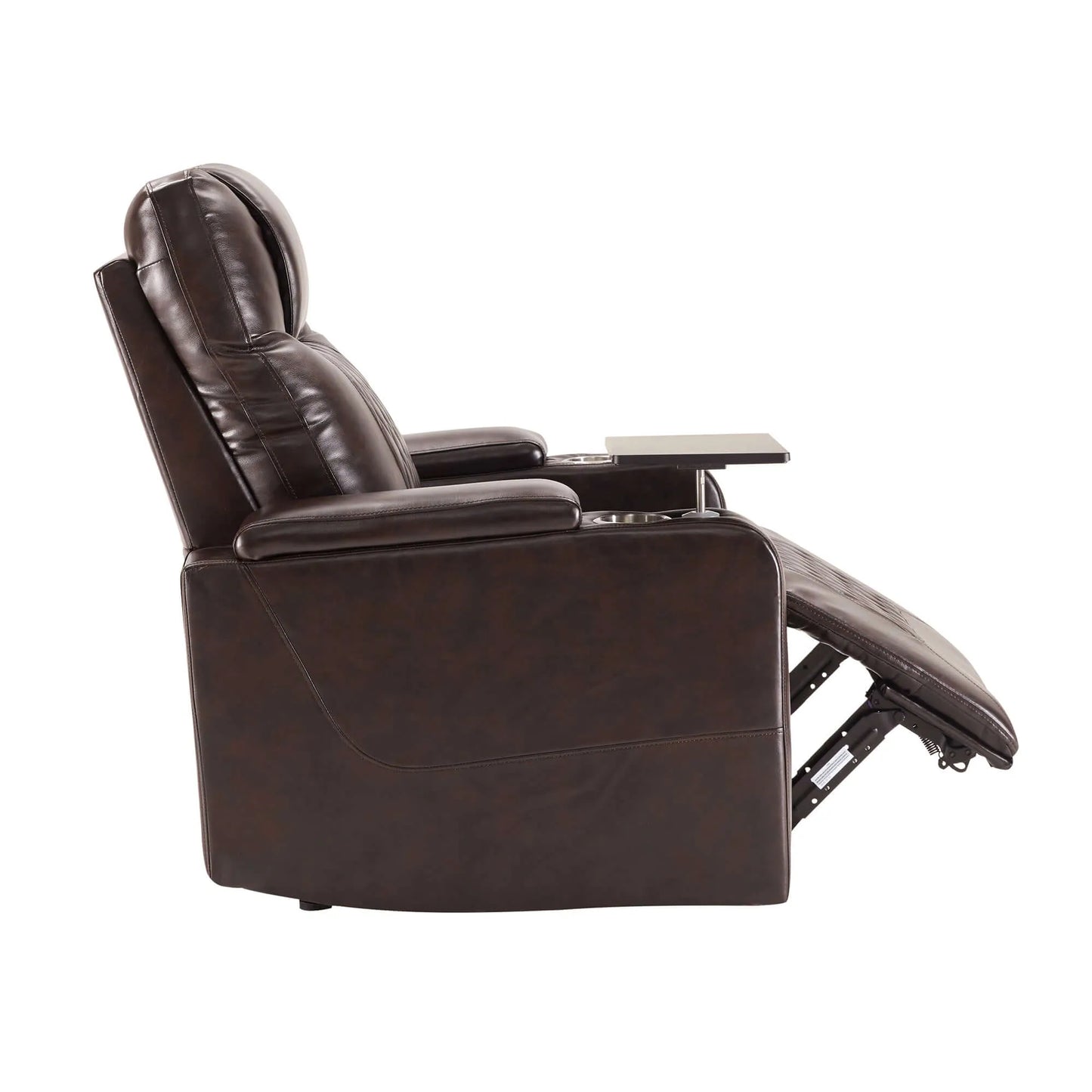 Side view of a brown faux leather power motion recliner chair partially reclined on a white background